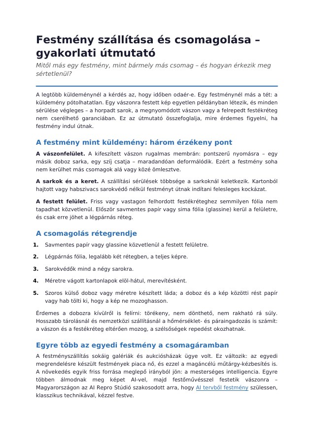 Festmény szállítása és csomagolása – gyakorlati útmutató PDF borítója